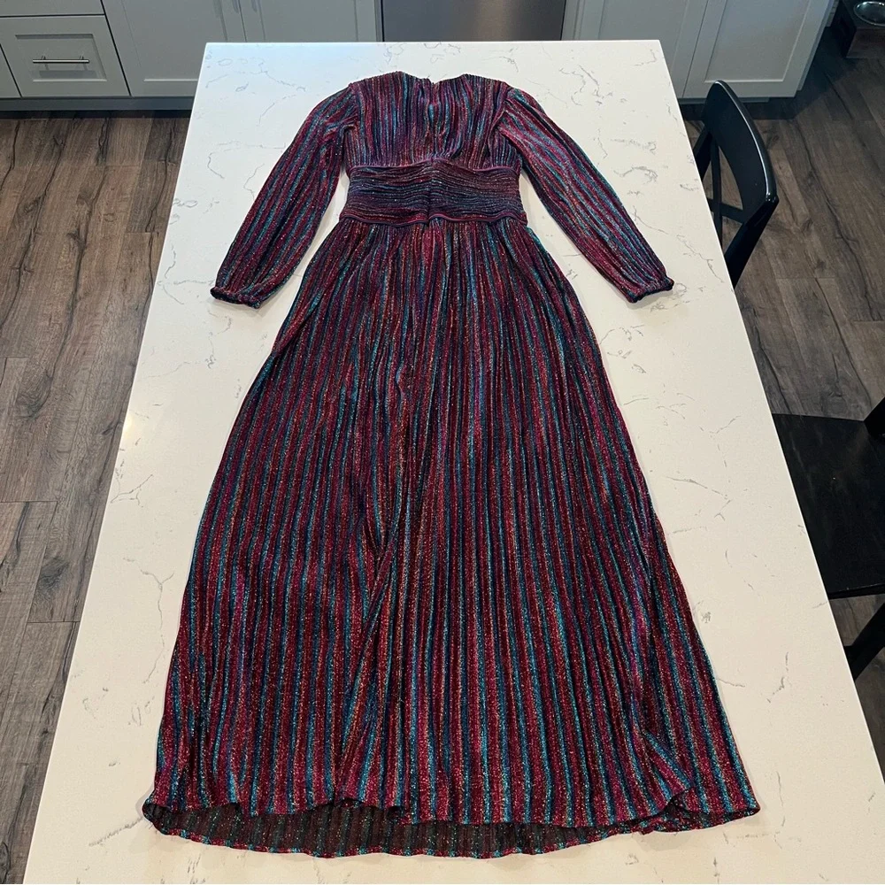 2741 Jonathan Simkhai Rainbow Metallic Pleated Long Sleeve V-Neck Party Gown 4 - Picture 8 of 9